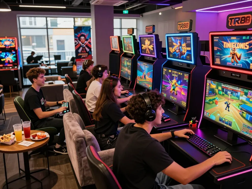 Exciting TR88 casino gaming scene with friends enjoying diverse games in vibrant atmosphere.