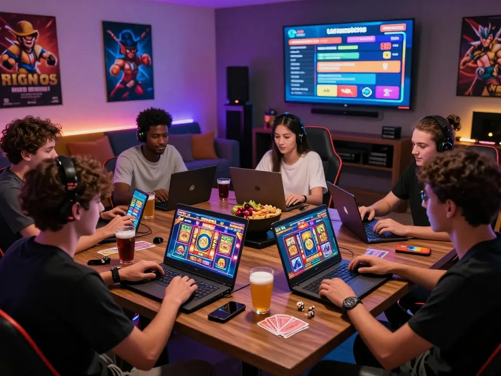Engaged friends gaming on ligasedayu, surrounded by vibrant visuals and casino elements.