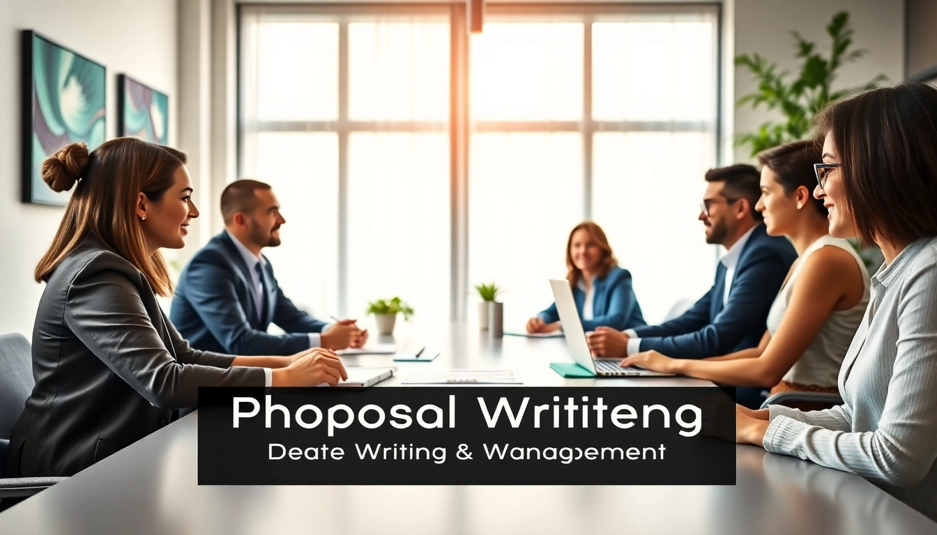 Engaged team discussing Proposal Writing and Management strategies in a modern office.