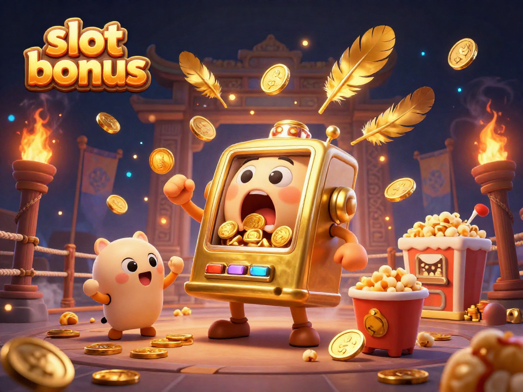 Watch a slot bonus unfold as a surprised golden slot machine wins, surrounded by cheering mini slots and popping popcorn.