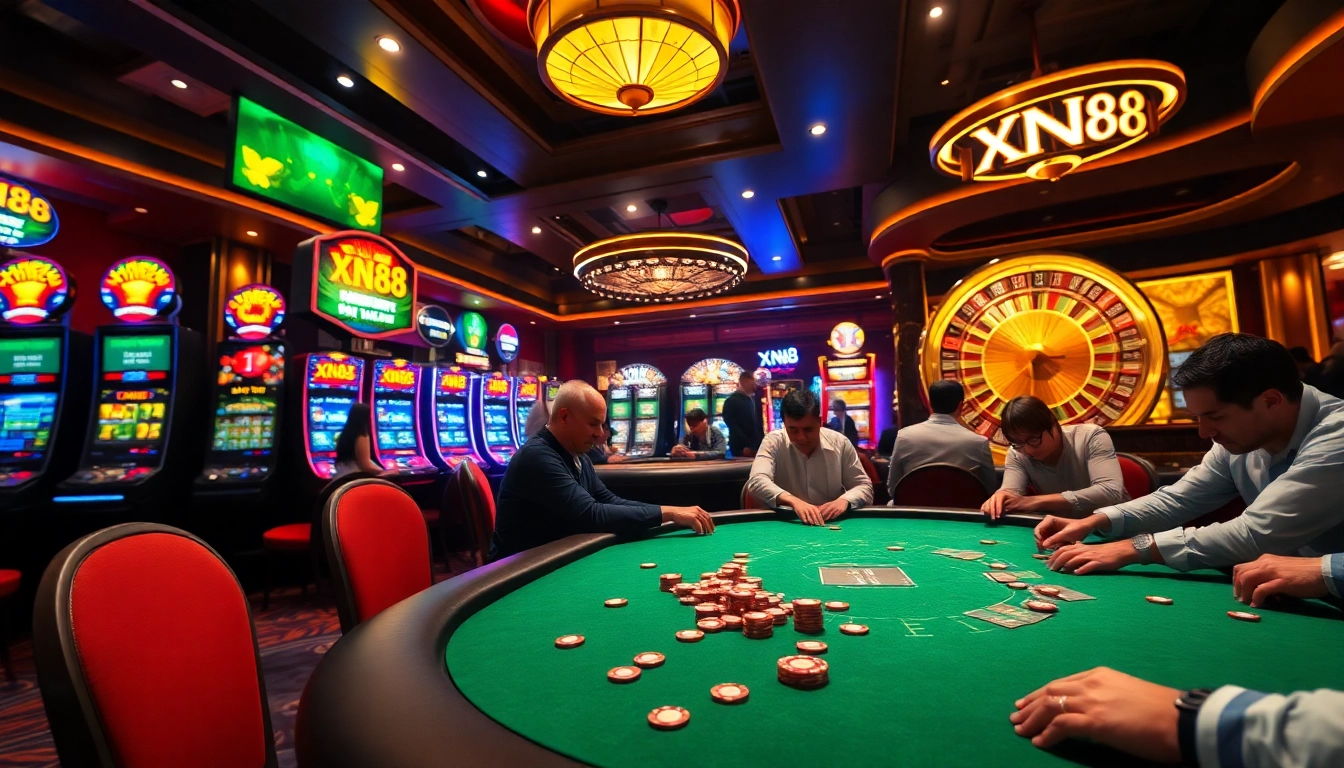 Players engaged in an exciting game at XN88 casino, featuring lively poker and slot machines.