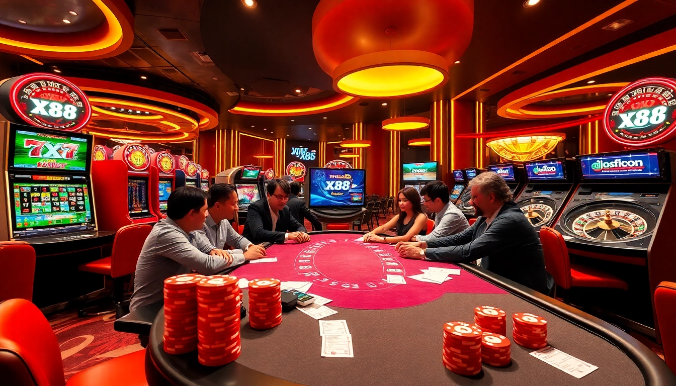 Engaging players and lively atmosphere at an xx88 game casino with vibrant slot machines and poker tables.