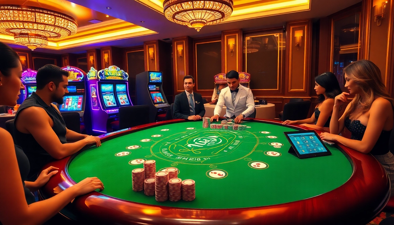 Kubet players enjoying a thrilling blackjack game at an upscale casino table, surrounded by colorful poker chips.