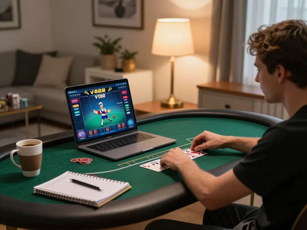 Engaging in vt88 poker online in a stylish home setup with strategic gaming notes