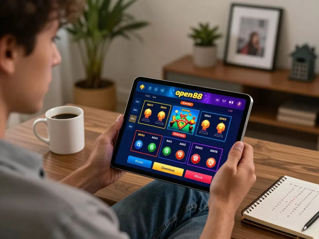 Engaged user exploring open88's online betting experience in a cozy home office setting.
