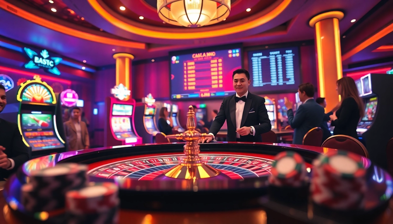 Scène passionnante dans un casino en ligne avec des joueurs profitant de la roulette et des machines à sous, mettant en avant le luxe et l'excitation.