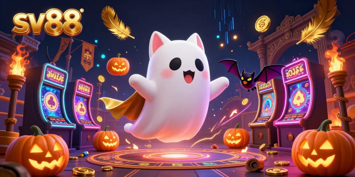 Engage with sv88 in a vibrant casino scene featuring a friendly ghost cat, glowing jack-o-lanterns, and a vampire bat.