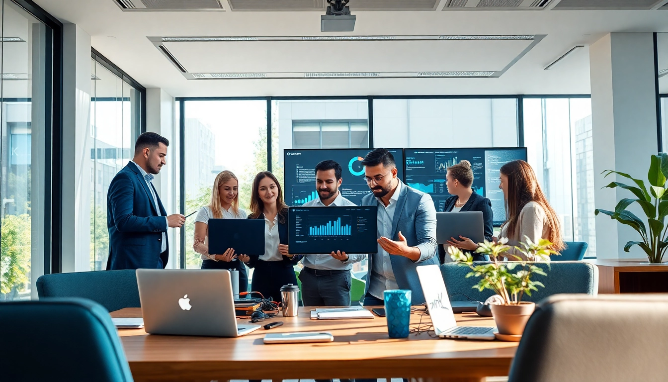 KJC365 team collaboration in a modern office, showcasing digital innovation and teamwork.