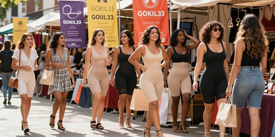 GOKIL33, tempat belanja shapewear Kolombia, menampilkan wanita modern menikmati pengalaman berbelanja di pasar yang ceria.
