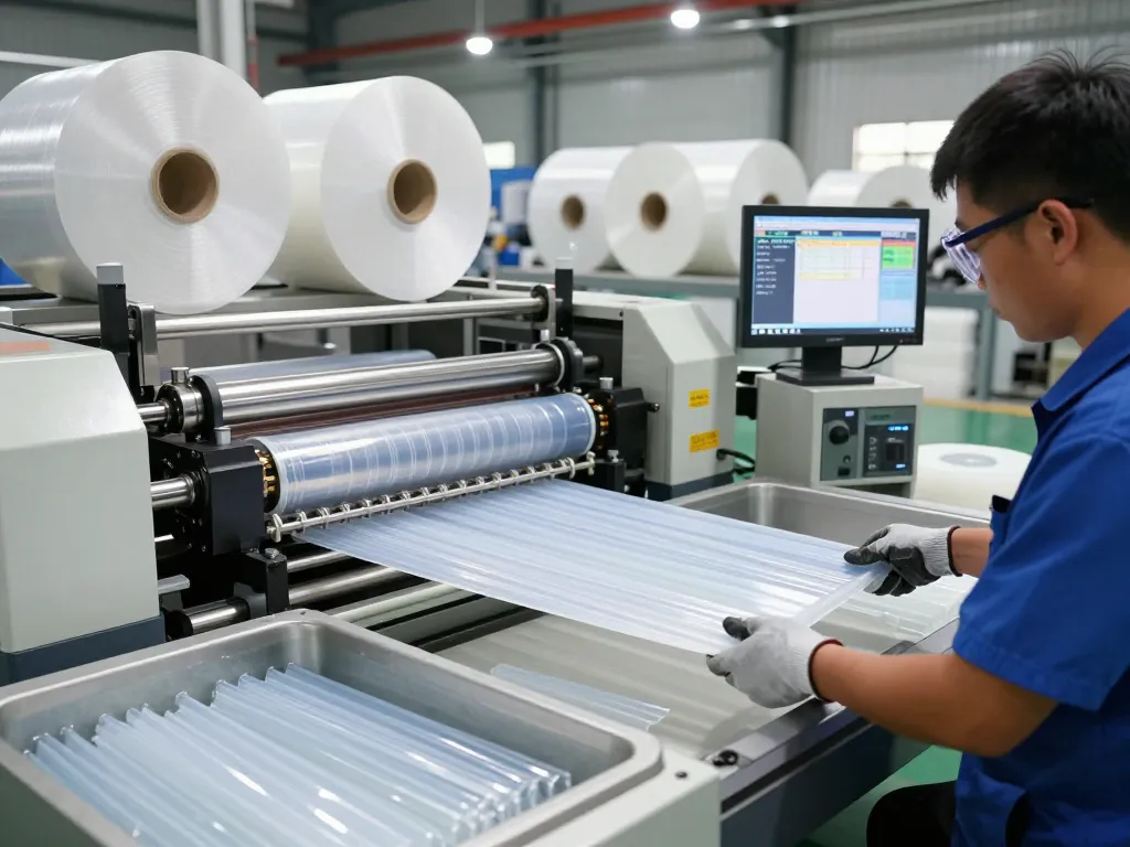 Bóc ép plastic thanh trì process in a modern manufacturing facility, technician overseeing machinery with precision instruments.