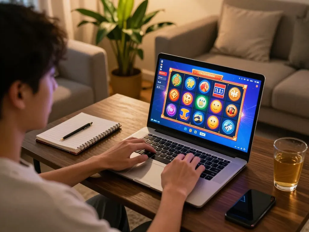 Engaging user playing toto slot games on a laptop at home in a cozy, vibrant ambiance