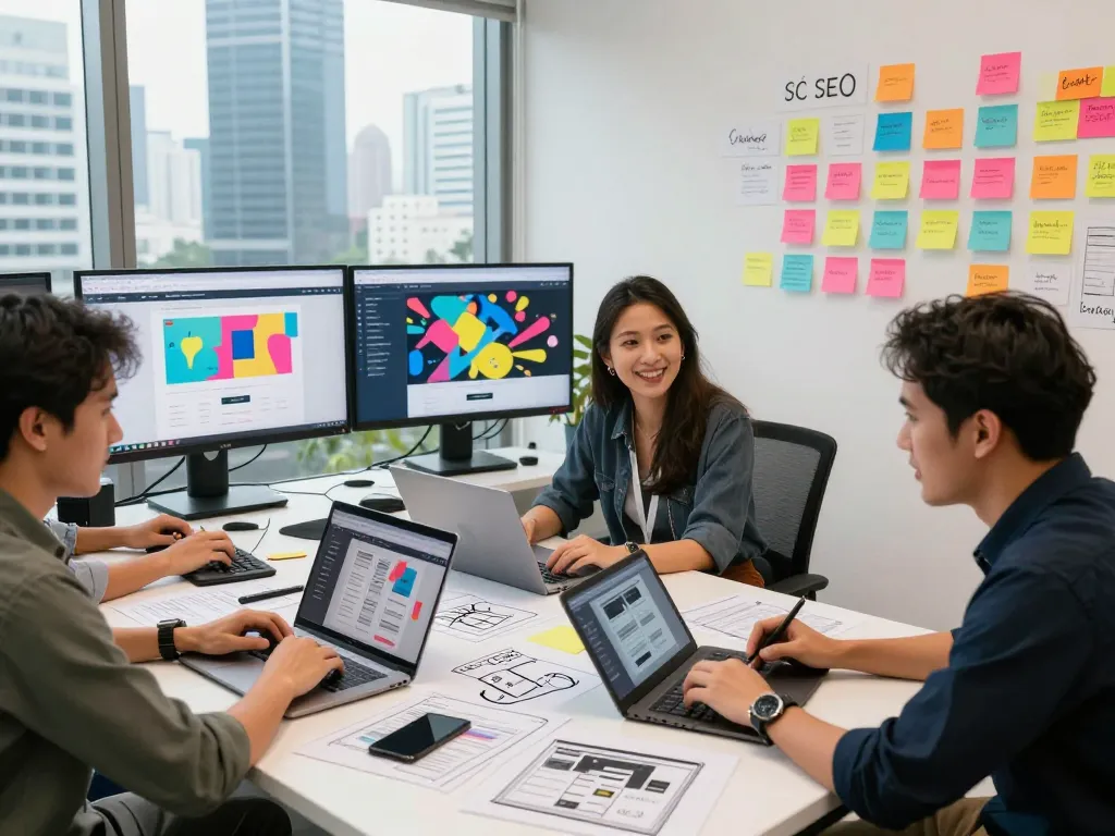 freelance seo services kuala lumpur collaboration in a modern office setting with designers brainstorming.