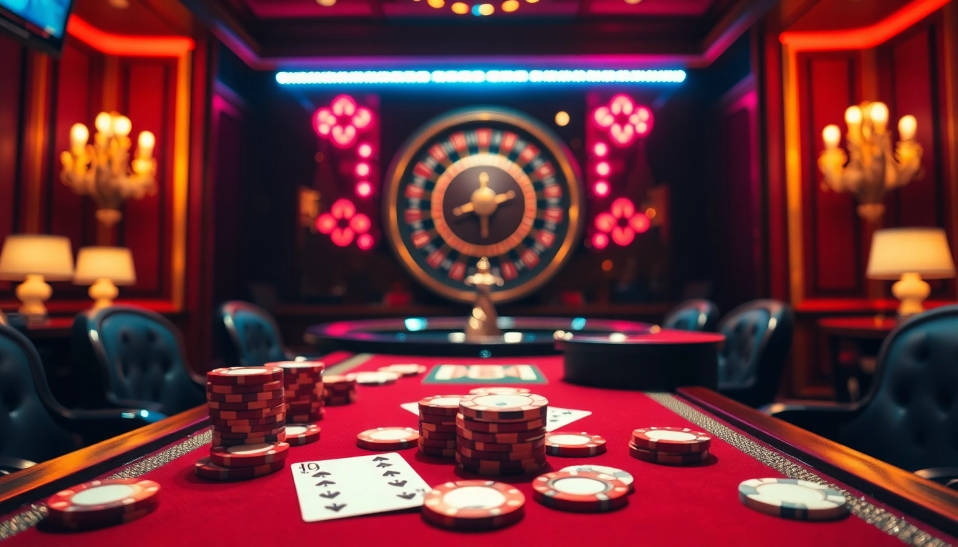 Experience high-stakes excitement with NK88 at an elegant poker table surrounded by vibrant casino ambiance.