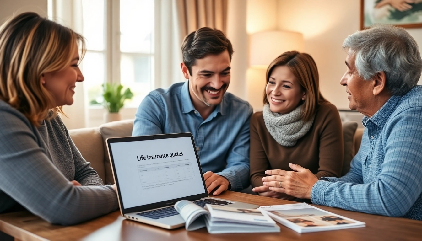 Explore life insurance options with a family in a cozy setting, showcasing thoughtful planning and security.