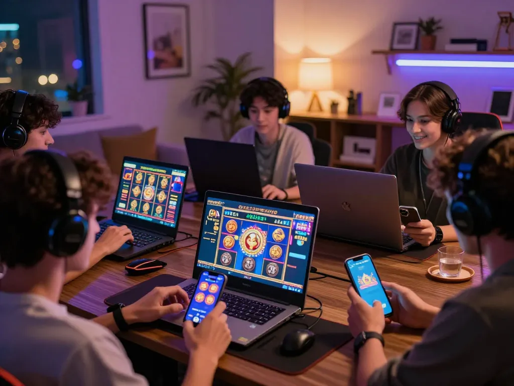 Players enjoying situs slot games on multiple devices in a cozy online gaming atmosphere.