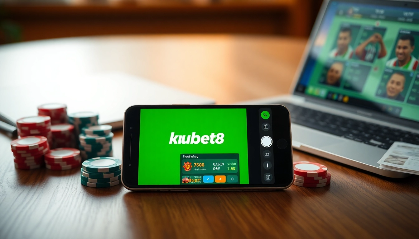 Tải App Kubet88: Trải Nghiệm Cá Cược Nhanh – Mượt – An Toàn on a smartphone showcasing its vibrant interface in a gaming setting.