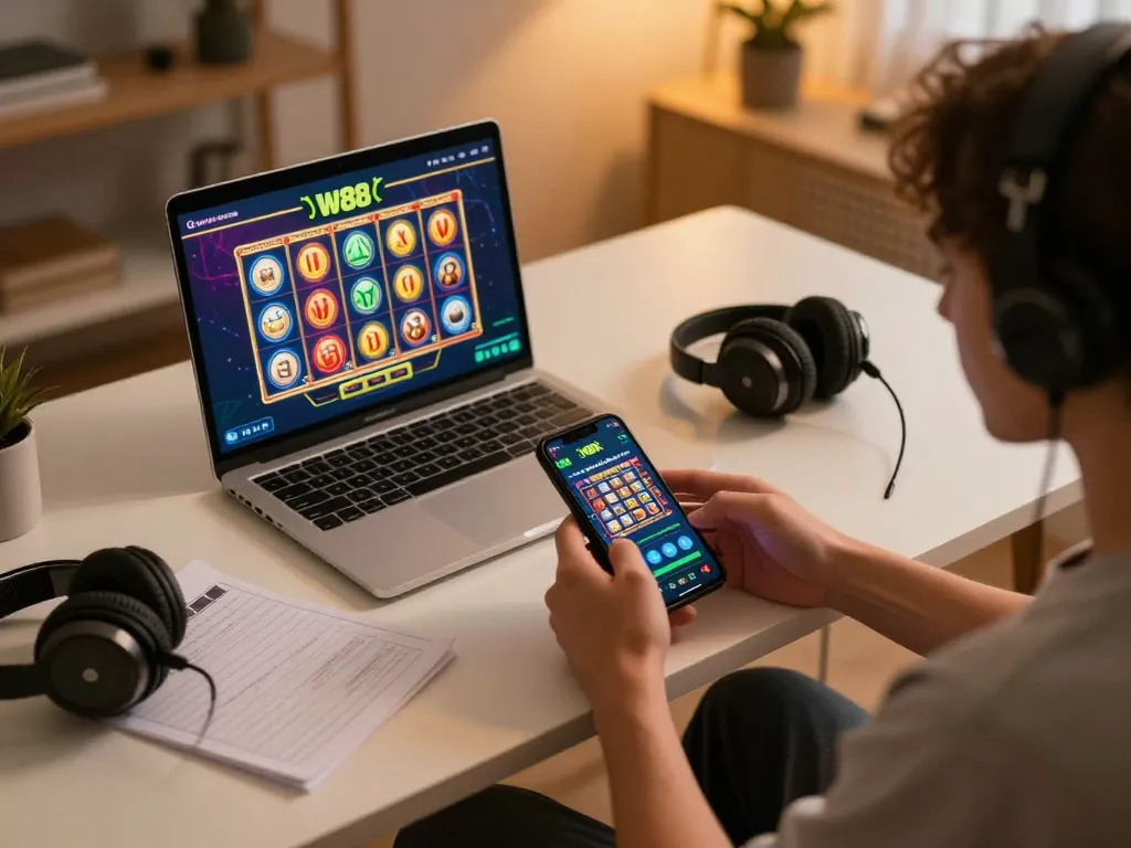 Engaging with the W88 app on a smartphone during an exciting online gaming session at home.