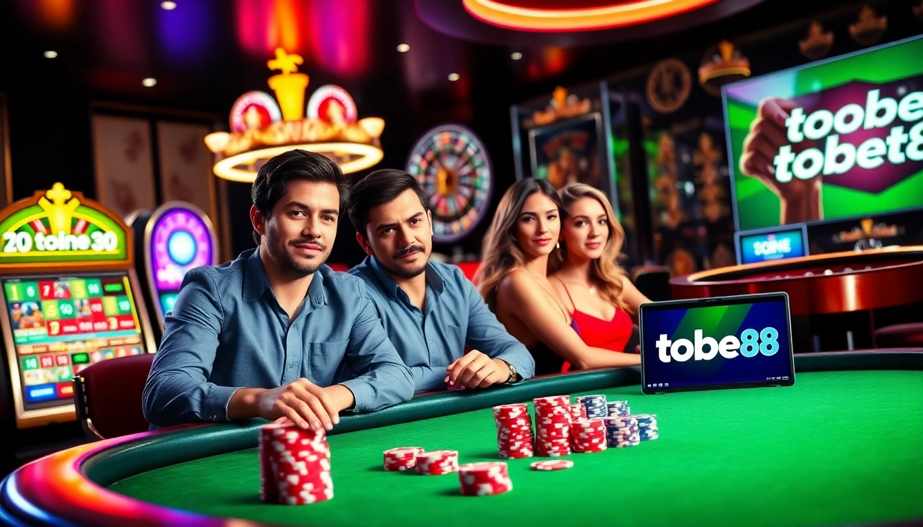 Tobet88 poker players engaged in a thrilling game at a vibrant online casino interface.