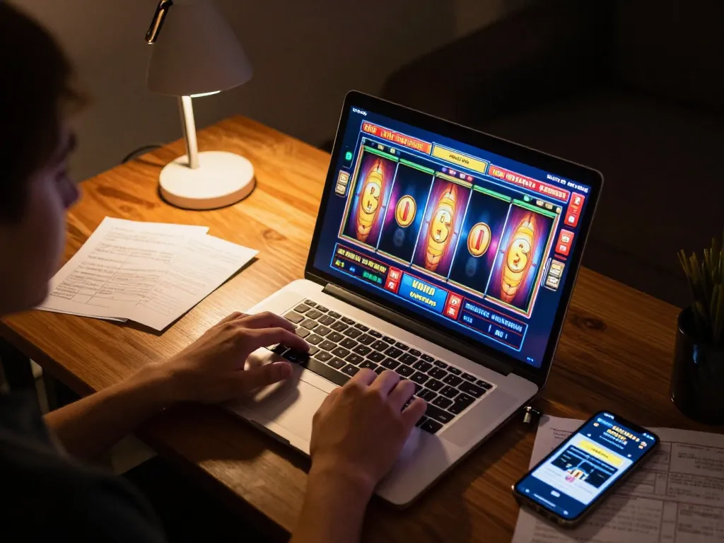 Engaging in online slots at thabet with vibrant screen and cozy home setup.