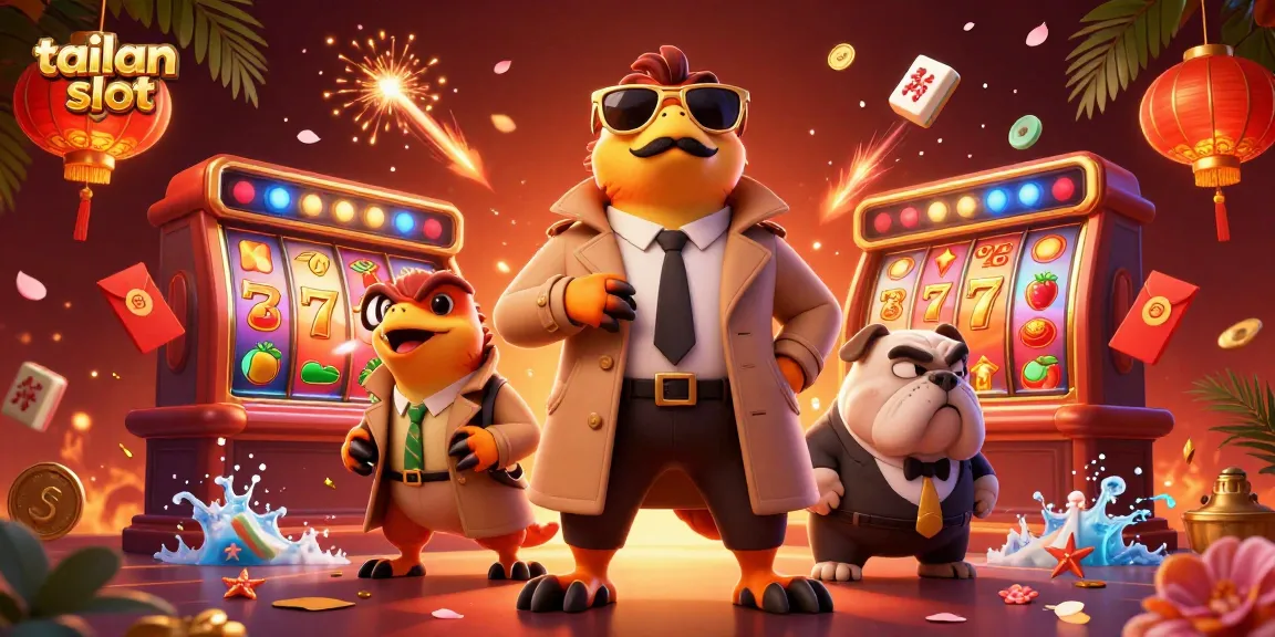 Experience the thrill of tailan slot with three raptors in a trench coat entering a VIP casino lounge.