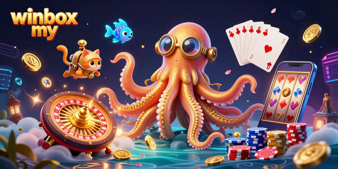 Winbox my showcases a vibrant 3D online casino scene with kraken, diving cat, and treasures.