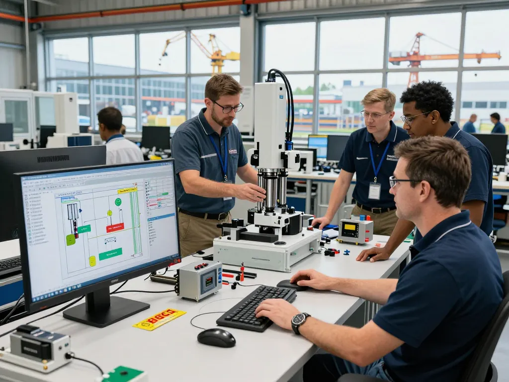 Engineers collaborating on Bosch Rexroth automation solutions in a modern industrial workshop.