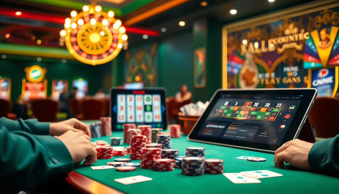 Players enjoy a thrilling poker game at nhà cái KK55, surrounded by vibrant casino elements.