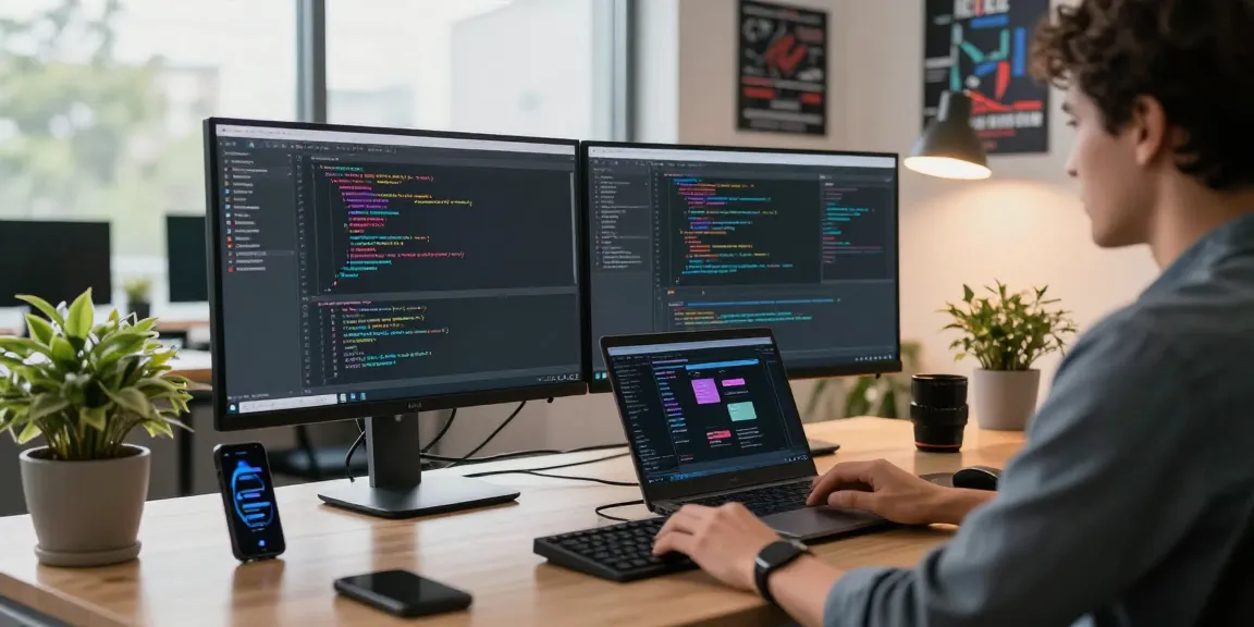 Developer coding in a modern office, showcasing 纸飞机中文版官网 features and productivity.