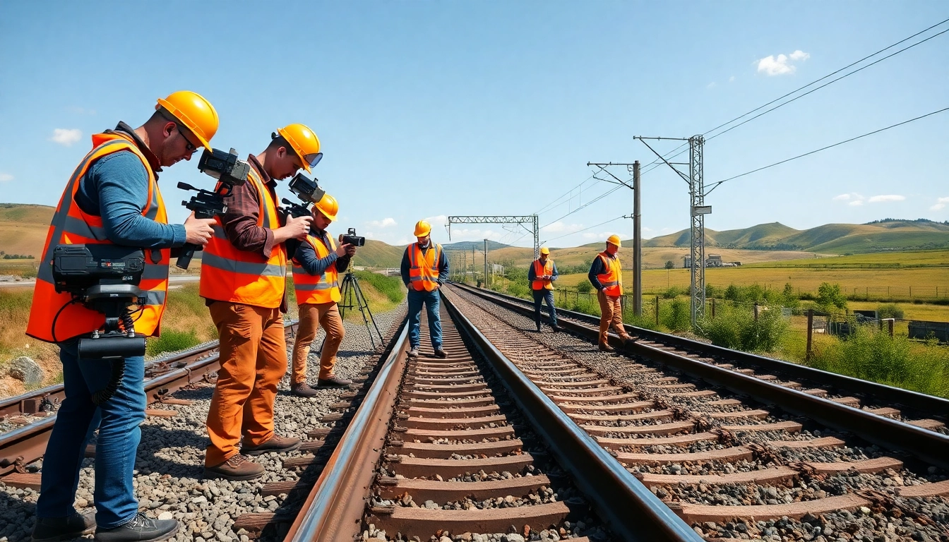 Railroad maintenance services team inspecting tracks with precision tools and safety gear.