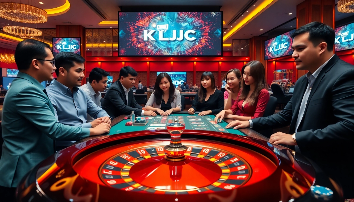 Engage with the excitement of gambling under Liên Minh KJC in a luxurious casino setting.