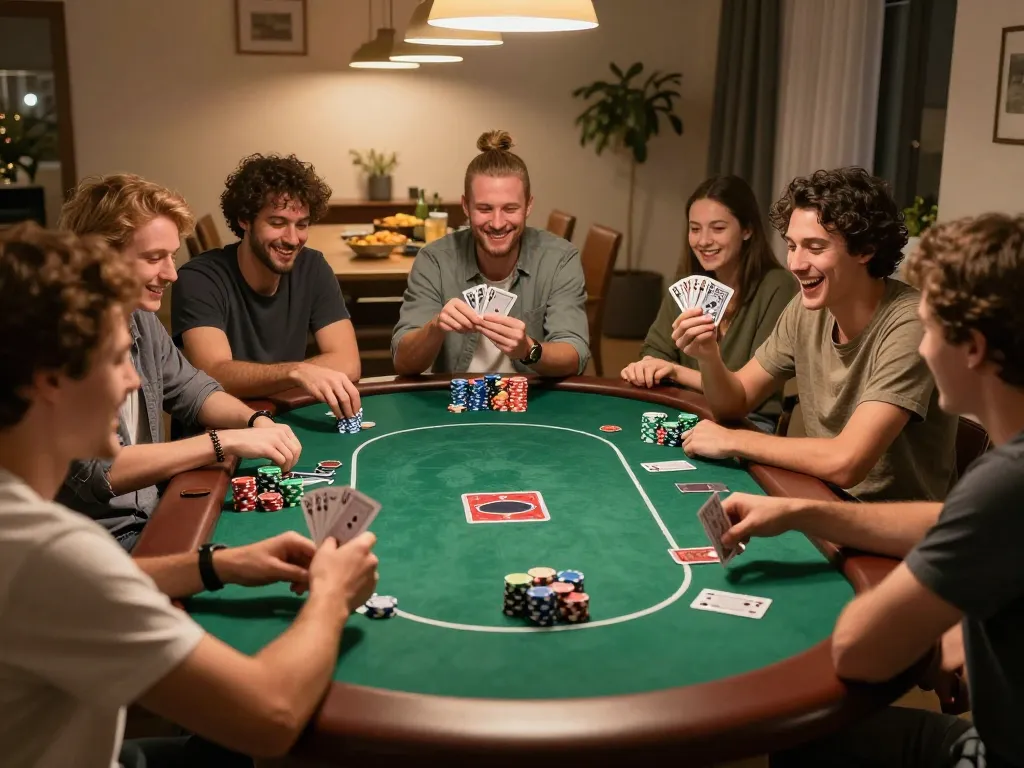 FB88 players enjoying an engaging home poker night with colorful chips and drinks.