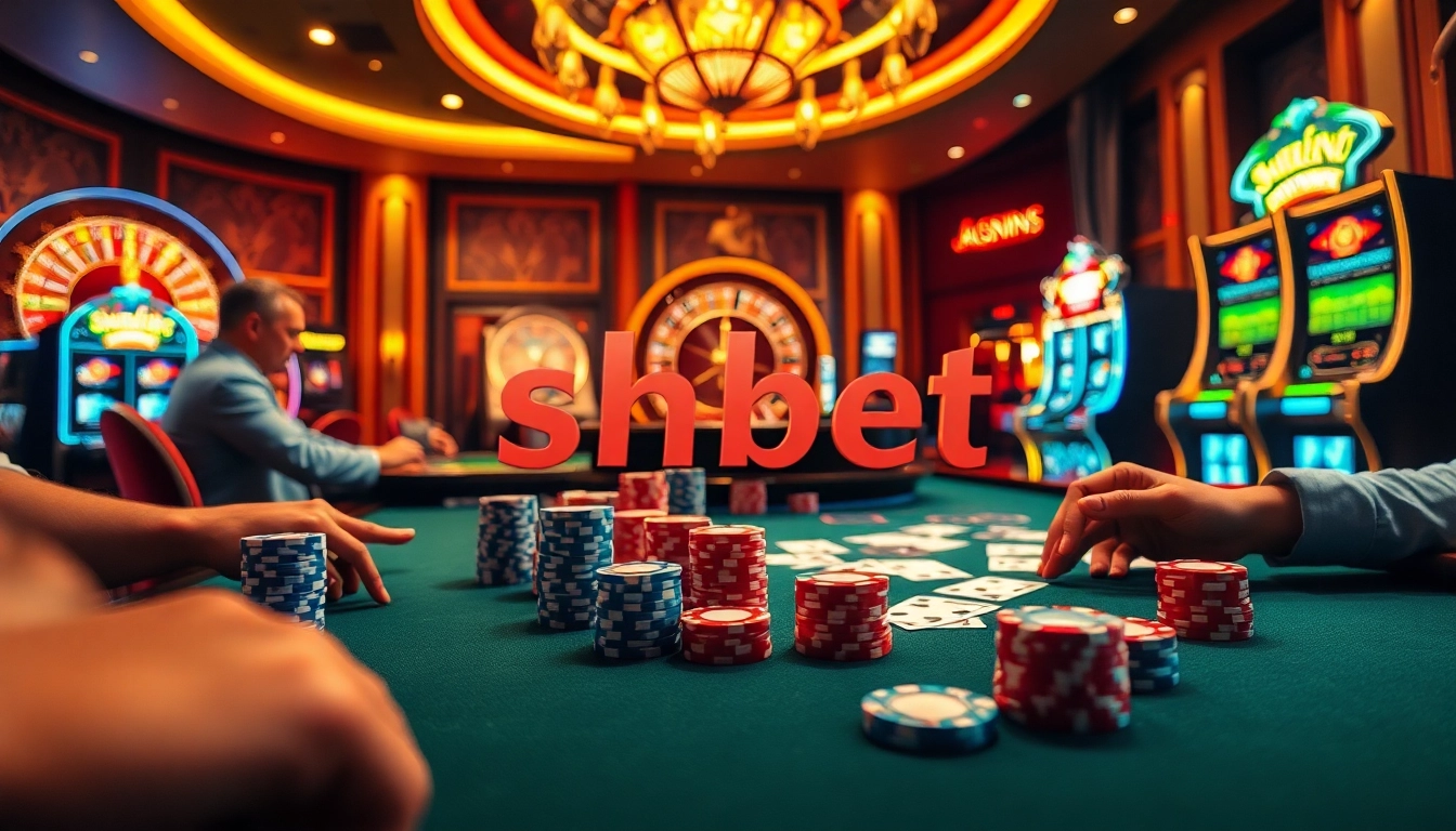 SHBET players strategizing at a luxurious poker table filled with chips and cards.