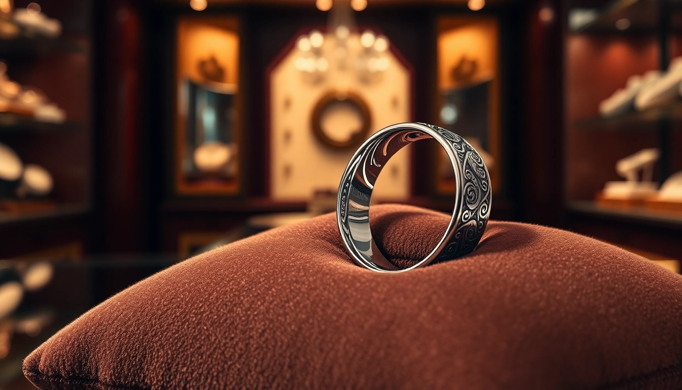 A beautifully crafted tungsten ring showcased on a velvet cushion, highlighting its intricate design.