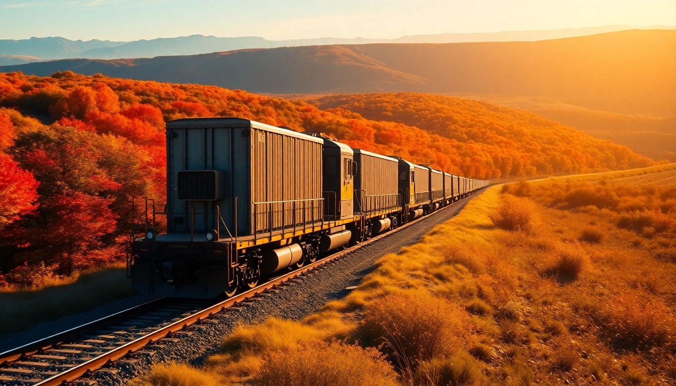 Showcasing a freight train in North American rail solutions among vibrant landscape.