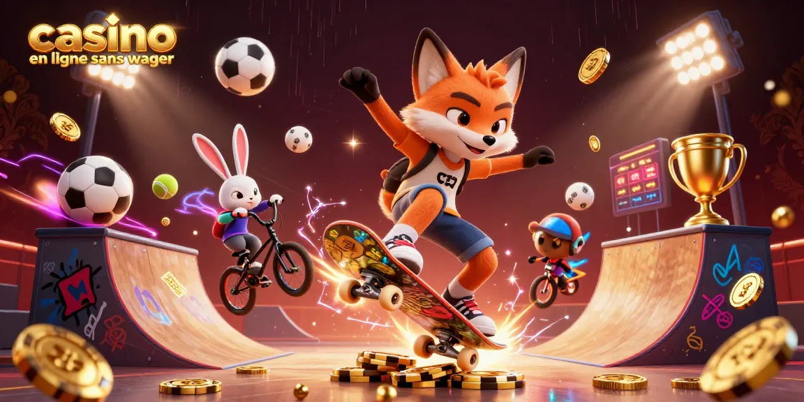 Plongez dans l'univers du casino en ligne sans wager avec des personnages animés entourés de jeux d'argent et de lumière, offrant une expérience de jeu captivante.