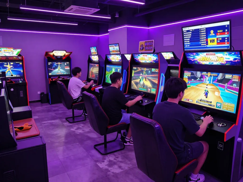 Exciting online gaming at mantra88 featuring neon lights and players engaged in arcade games.
