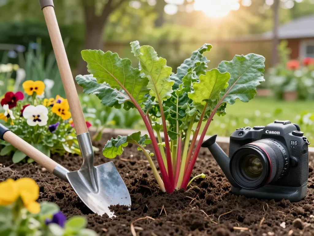 Rabarber planten kopen in a vibrant garden with tools and sunlight.