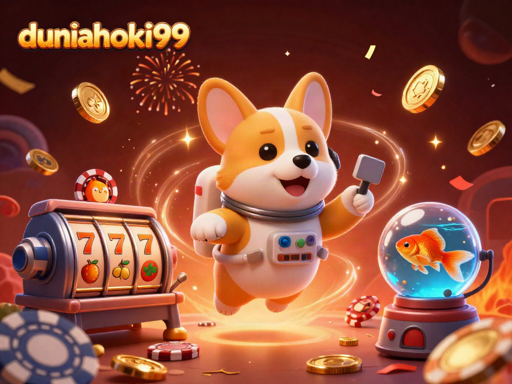 Menghadirkan duniahoki99, ilustrasi kasino luar angkasa dengan corgi, hamster, dan ikan, penuh detail visual.