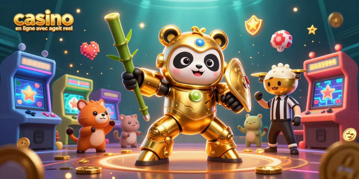 Profitez d'une scène colorée de jeu en 3D avec un panda doré dans un robot au casino en ligne avec argent réel.