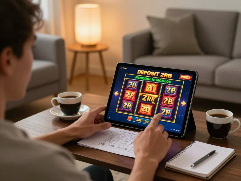 Engaging player strategizing their slot deposit 2rb betting game on a tablet in a cozy home.