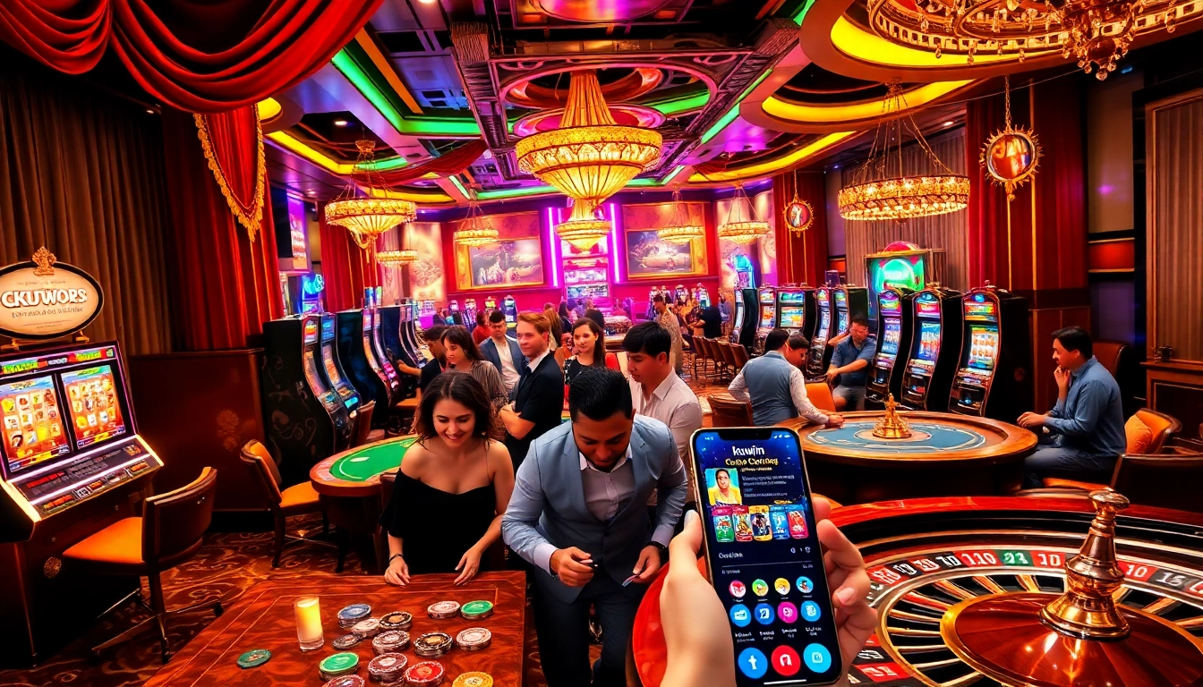 Kuwin players experiencing excitement at a vibrant casino with slot machines and poker tables.