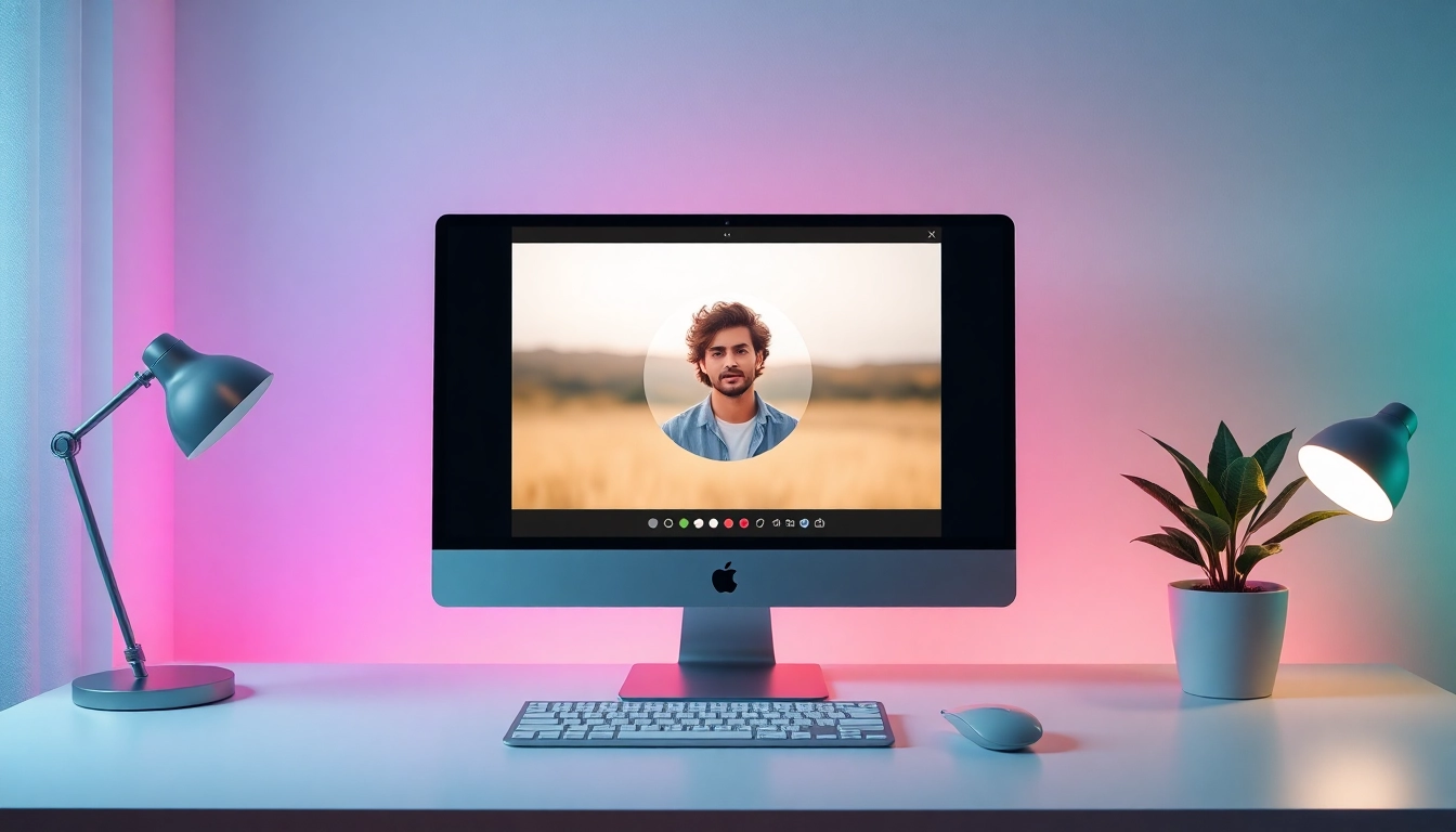 Crop image tool interface displaying a circle image crop of a person in a vibrant workspace.