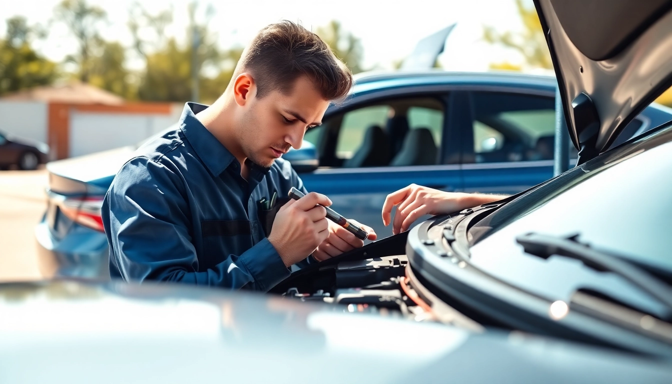 A mobile car repair technician skillfully servicing a vehicle outdoors with modern tools.
