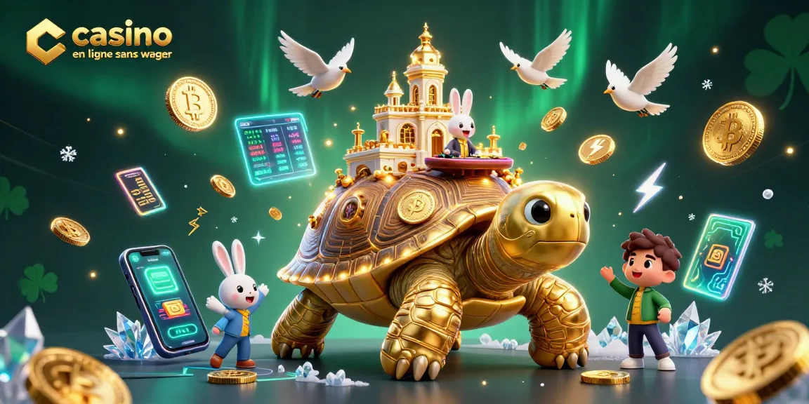 Jouez dans un casino en ligne sans wager avec une tortue géante et un croupier en lapin offrant des gains!