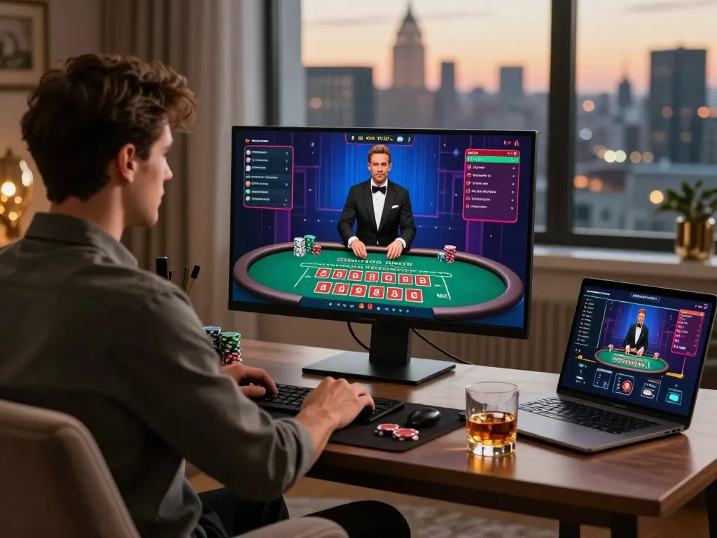 Engaging baccarat gaming experience at home focusing on online baccarat사이트 setup with vibrant displays and sophisticated atmosphere.