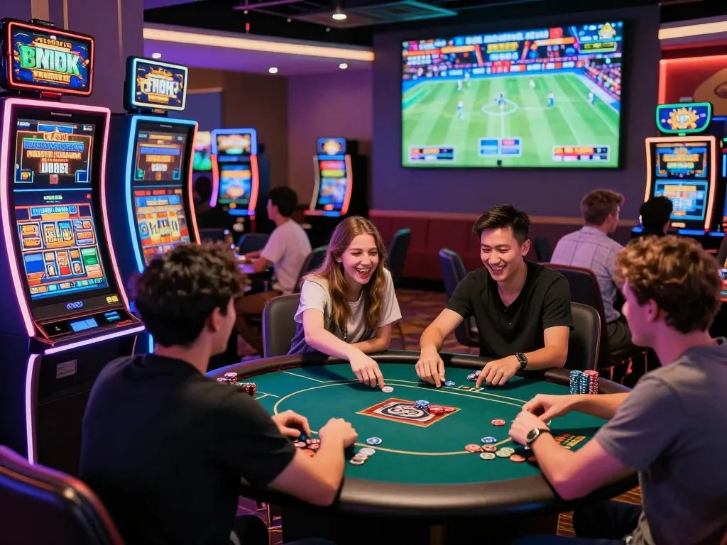 Diverse players enjoying various games at go88 online casino, vibrant atmosphere with bright lights and excitement.