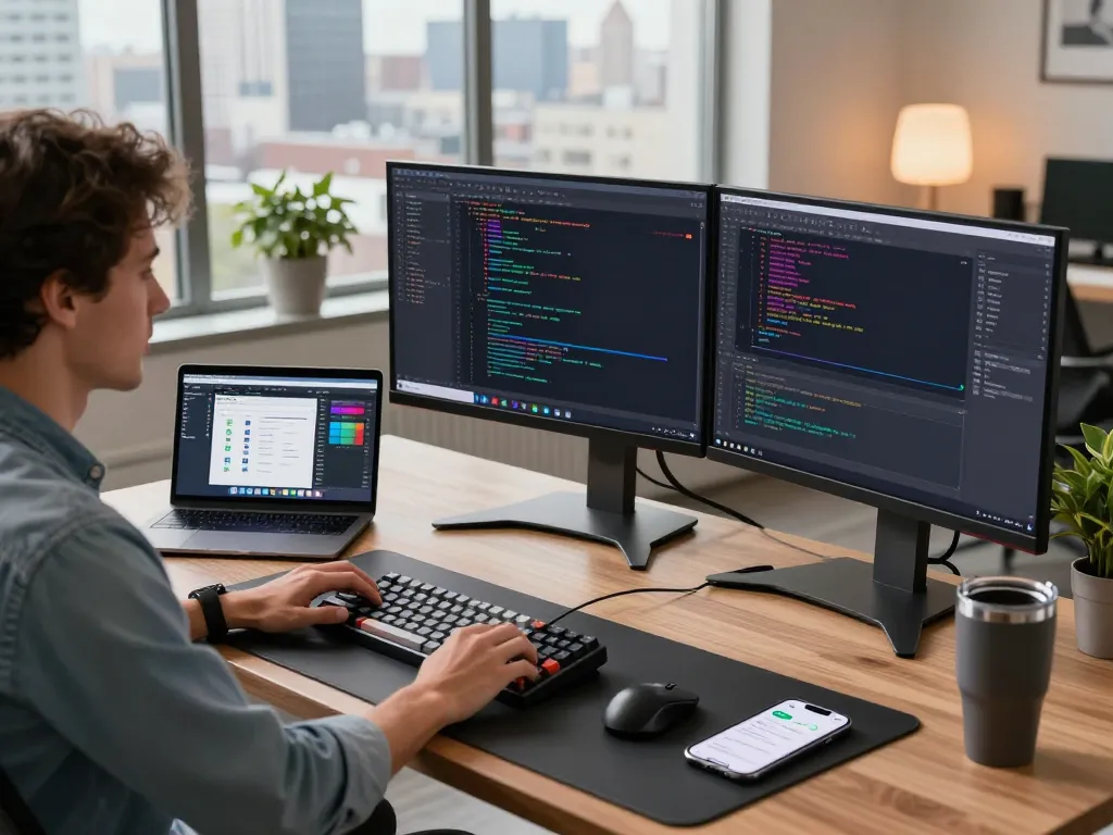 Developer utilizing the molt bot software at a modern workspace with dual monitors and coding interface.