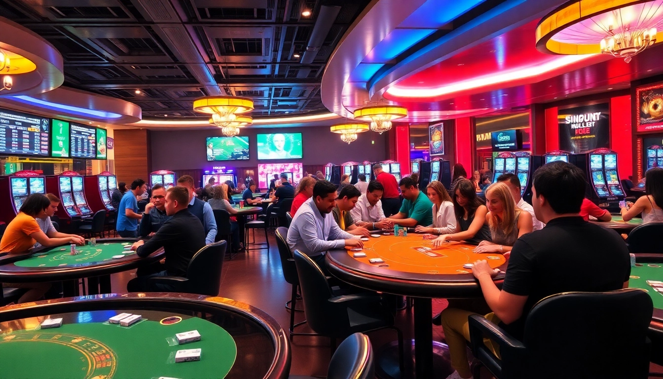 Experience the excitement of 98win with a vibrant casino scene depicting players engaged in thrilling games.