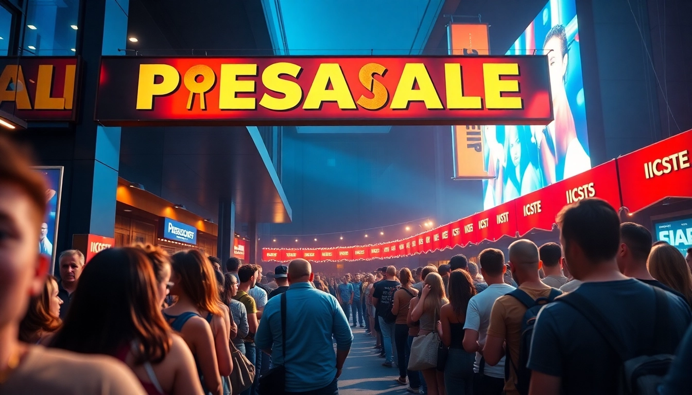 Excited fans at a presale concert event, showcasing vibrant colors and energy.