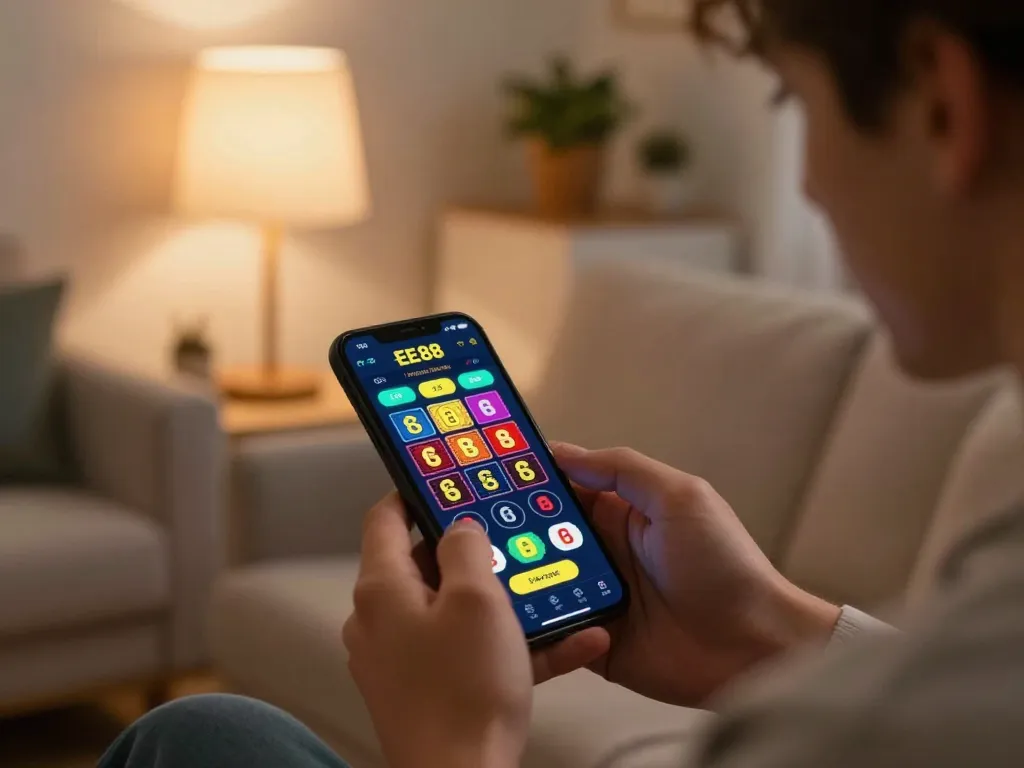 EE88 player strategizing on a smartphone while enjoying a cozy home gaming ambiance.